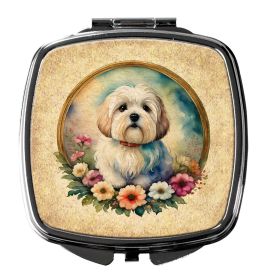Coton De Tulear and Flowers Compact Mirror Decorative Travel Makeup Mirror for Women Girls Gifts Pocket Makeup Mirror Folding Handheld