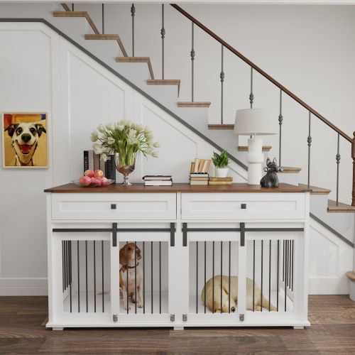 63'' Large Dog Crate Furniture for Double Dog, Wooden Dog Kennel with 2 Drawers,Divider and Sliding Door 63'' Large Dog Crate Furniture for Double Dog, Wooden Dog Kennel with 2 Drawers,Divider and Sliding Door